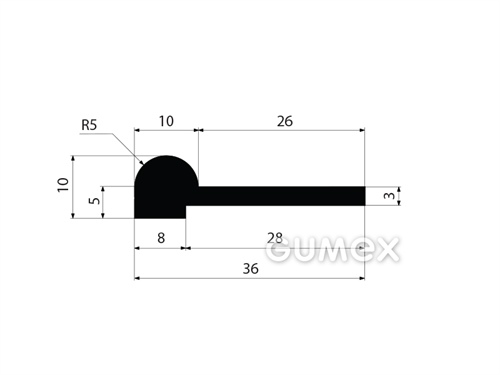 Gumový profil tvaru "P", 36x10/3mm, délka 2500mm, 60°ShA, SBR, -40°C/+70°C, čierny